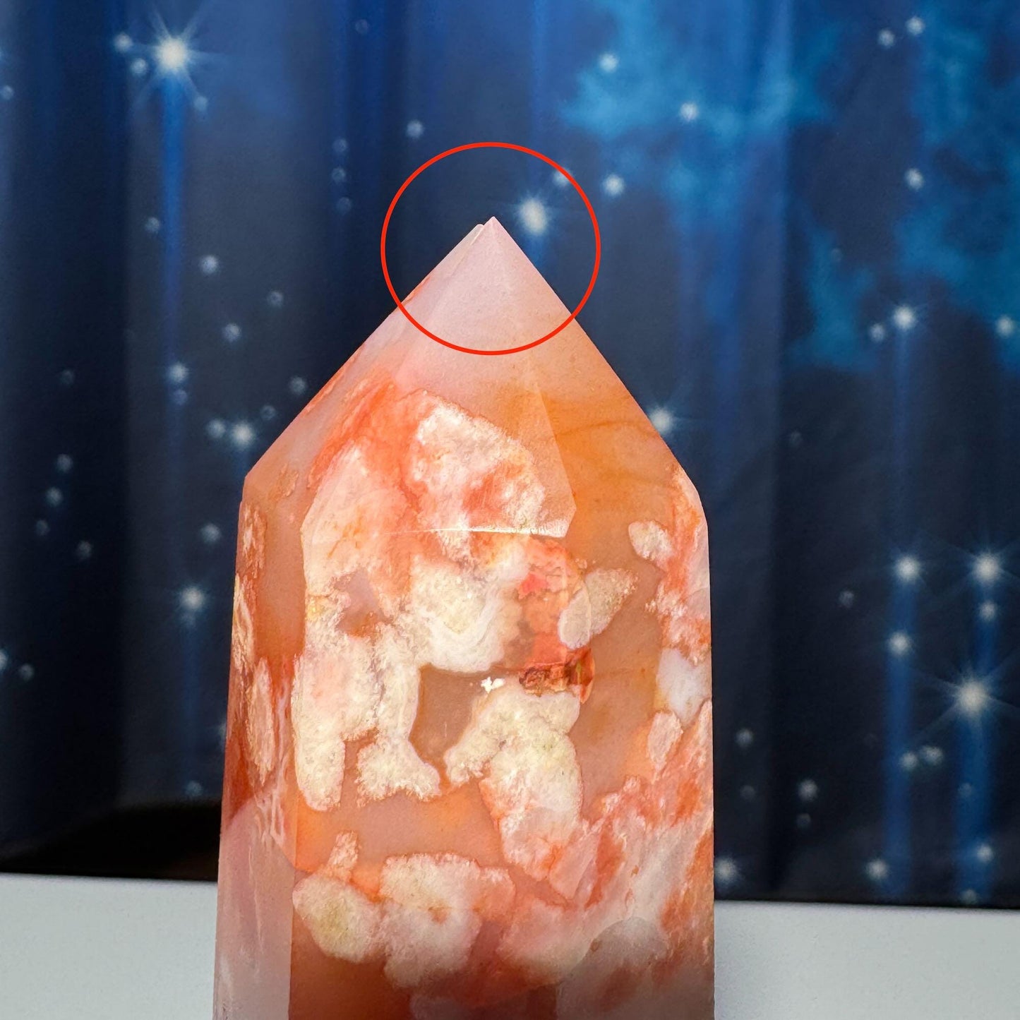 Flower Agate x Carnelian point | 3 3/4ā | 136 grams | Damage Discount