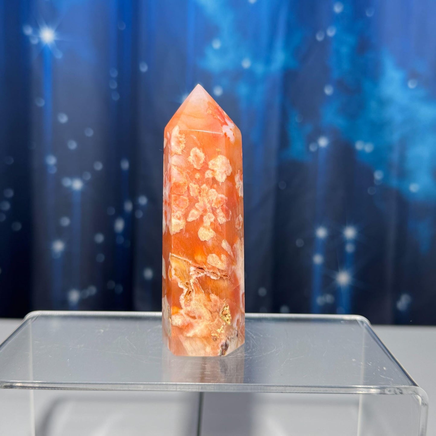 Flower Agate x Carnelian point | 3 3/4ā | 136 grams | Damage Discount