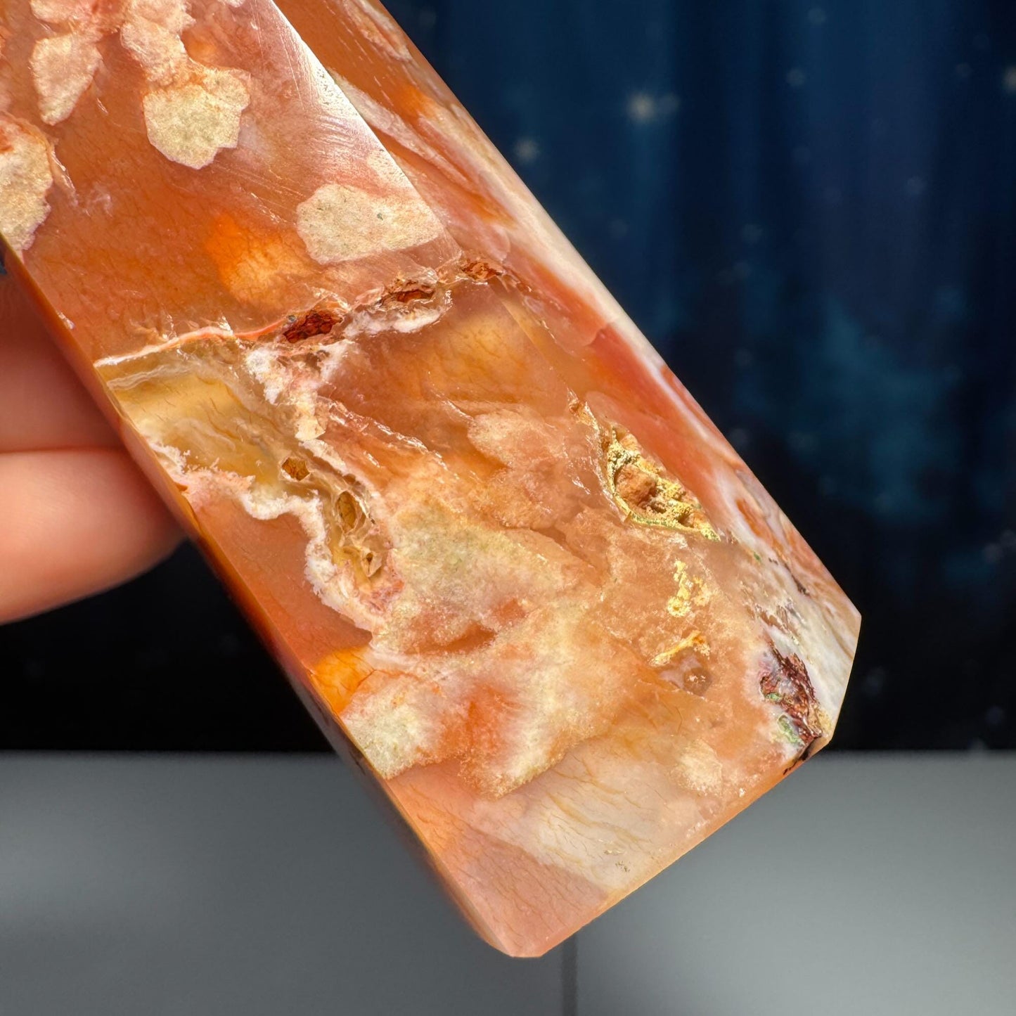 Flower Agate x Carnelian point | 3 3/4ā | 136 grams | Damage Discount