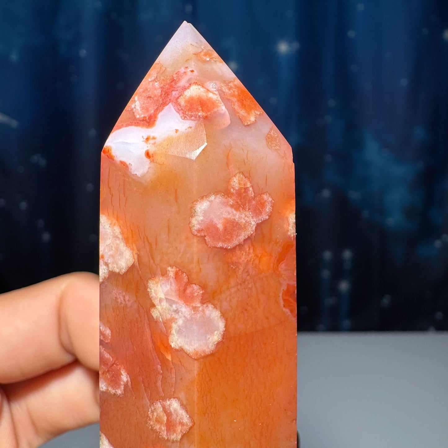 Flower Agate x Carnelian point | 3 3/4ā | 136 grams | Damage Discount