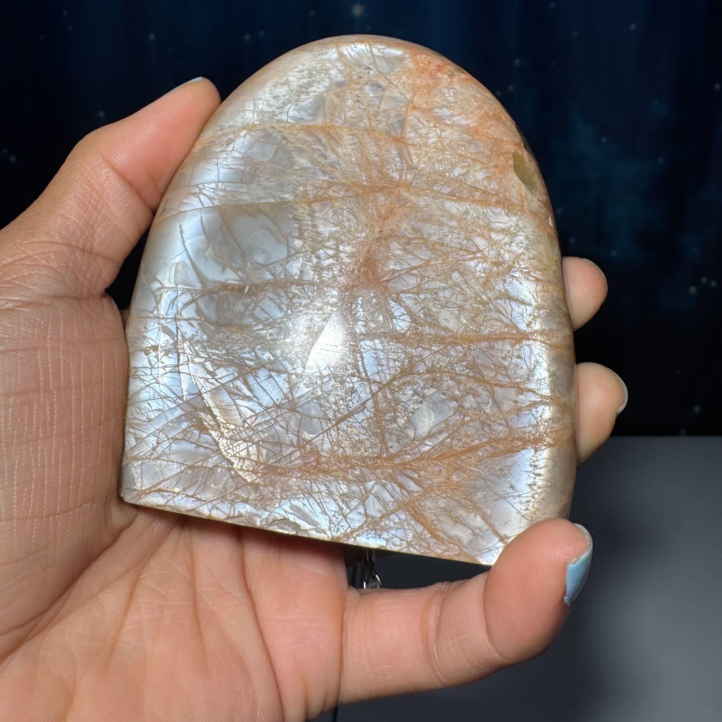 flashy Peach Moonstone free form | 4" tall | 434 grams | dual flash | Damage Discount