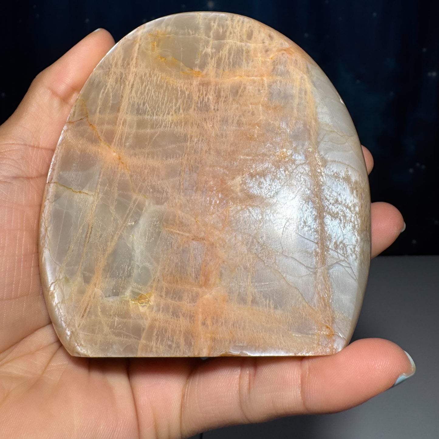 flashy Peach Moonstone free form | 4 1/8" tall | 516 grams | dual flash | Damage Discount
