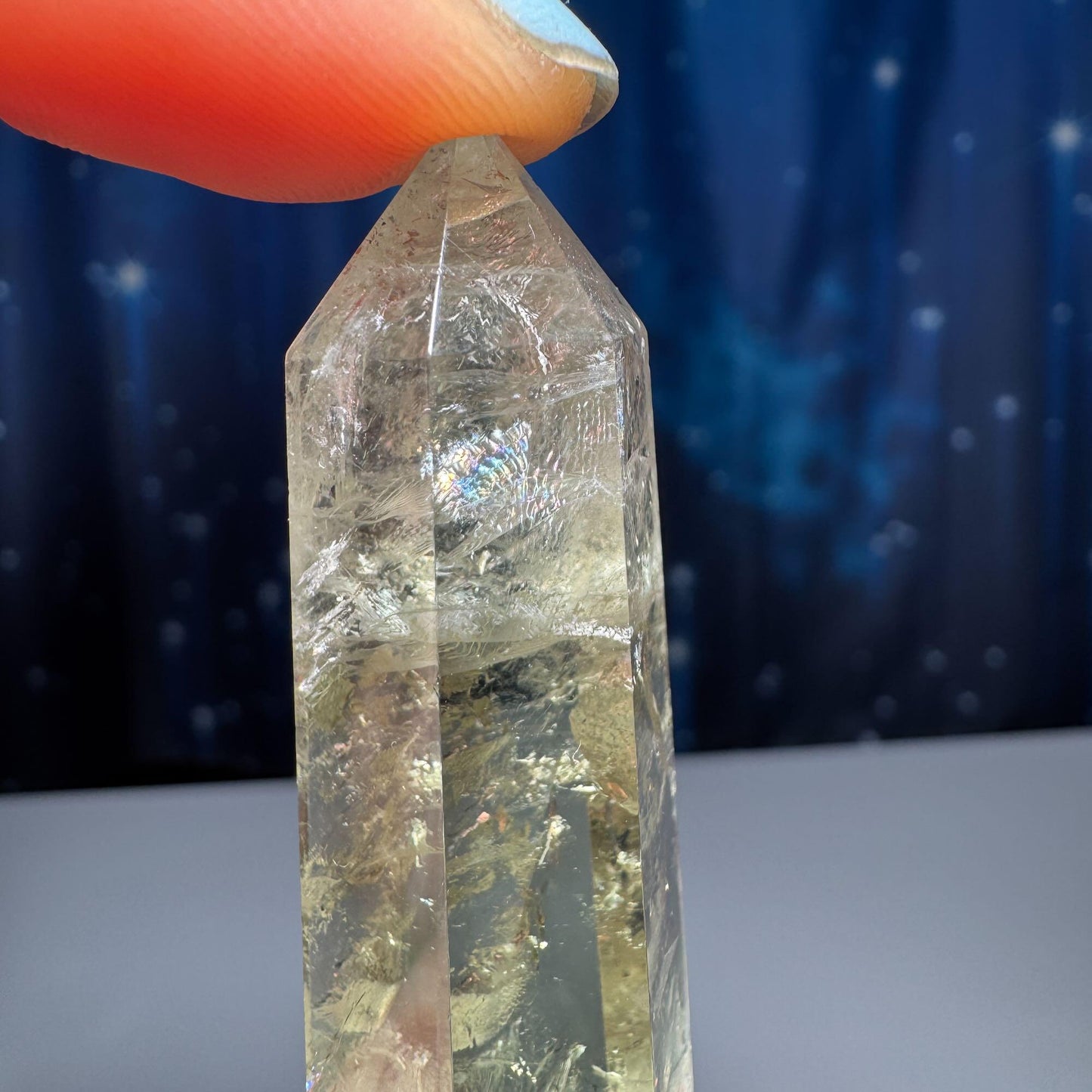 Prasiolite mini point | 2” tall | 22 grams | Damage Discount | with rainbows | heat treated Amethyst