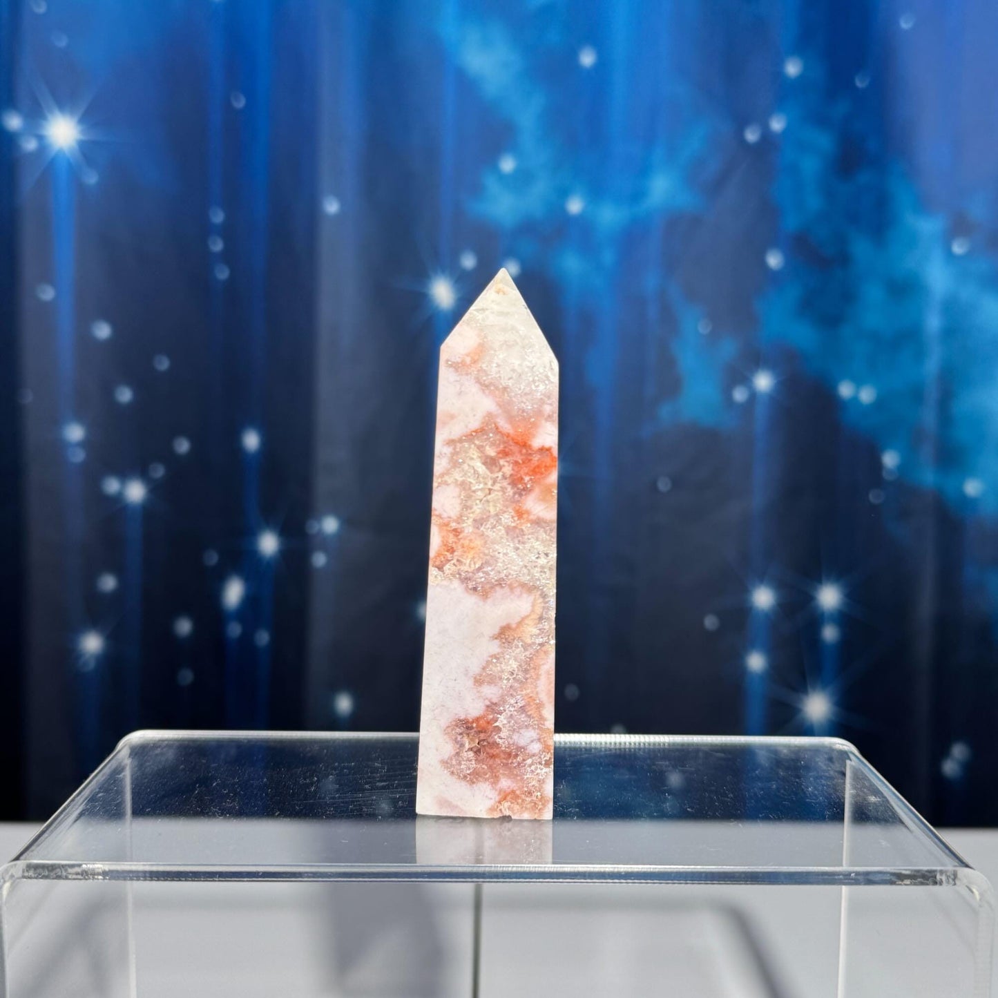 Pink Amethyst with Flower Agate point | 3 5/8" tall | 98 grams | with Quartz | lots of rainbows | obelisk