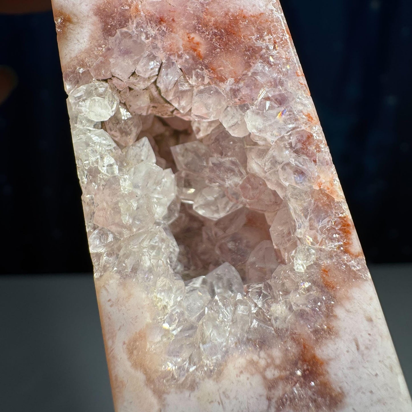 Pink Amethyst with Flower Agate point | 3 5/8" tall | 98 grams | with Quartz | lots of rainbows | obelisk