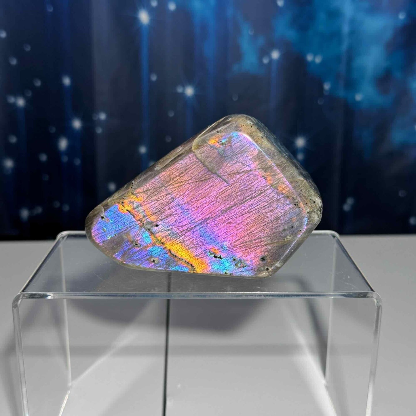Labradorite free form | 4 1/8" long | 499 grams | dual flash | purple flash | pink flash | orange flash | blue flash