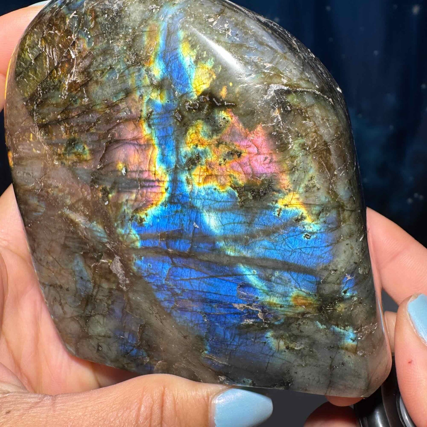 Labradorite free form | 3 3/4" long | 842 grams | dual flash | purple flash | pink flash | orange flash | blue flash yellow flash
