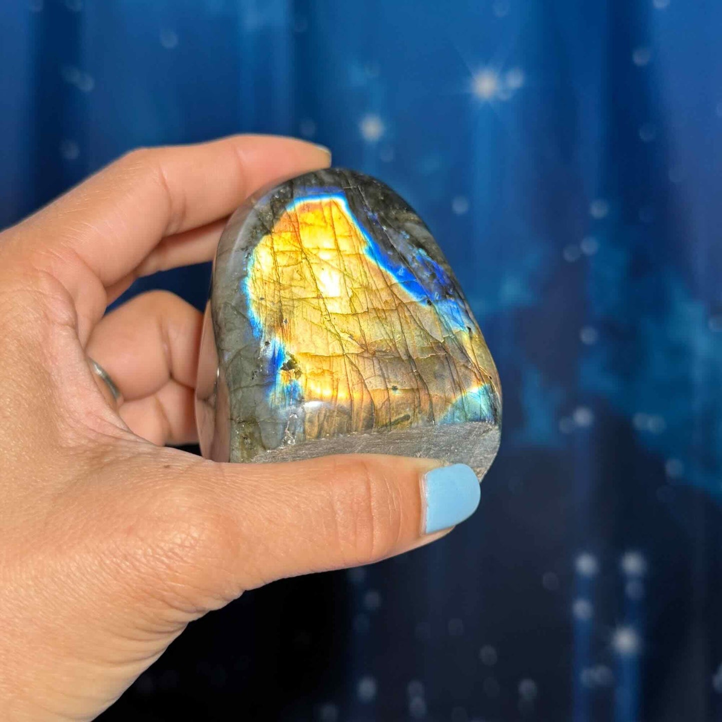 Labradorite free form | 3 1/8" long | 303 grams | dual flash | orange flash | blue flash yellow flash