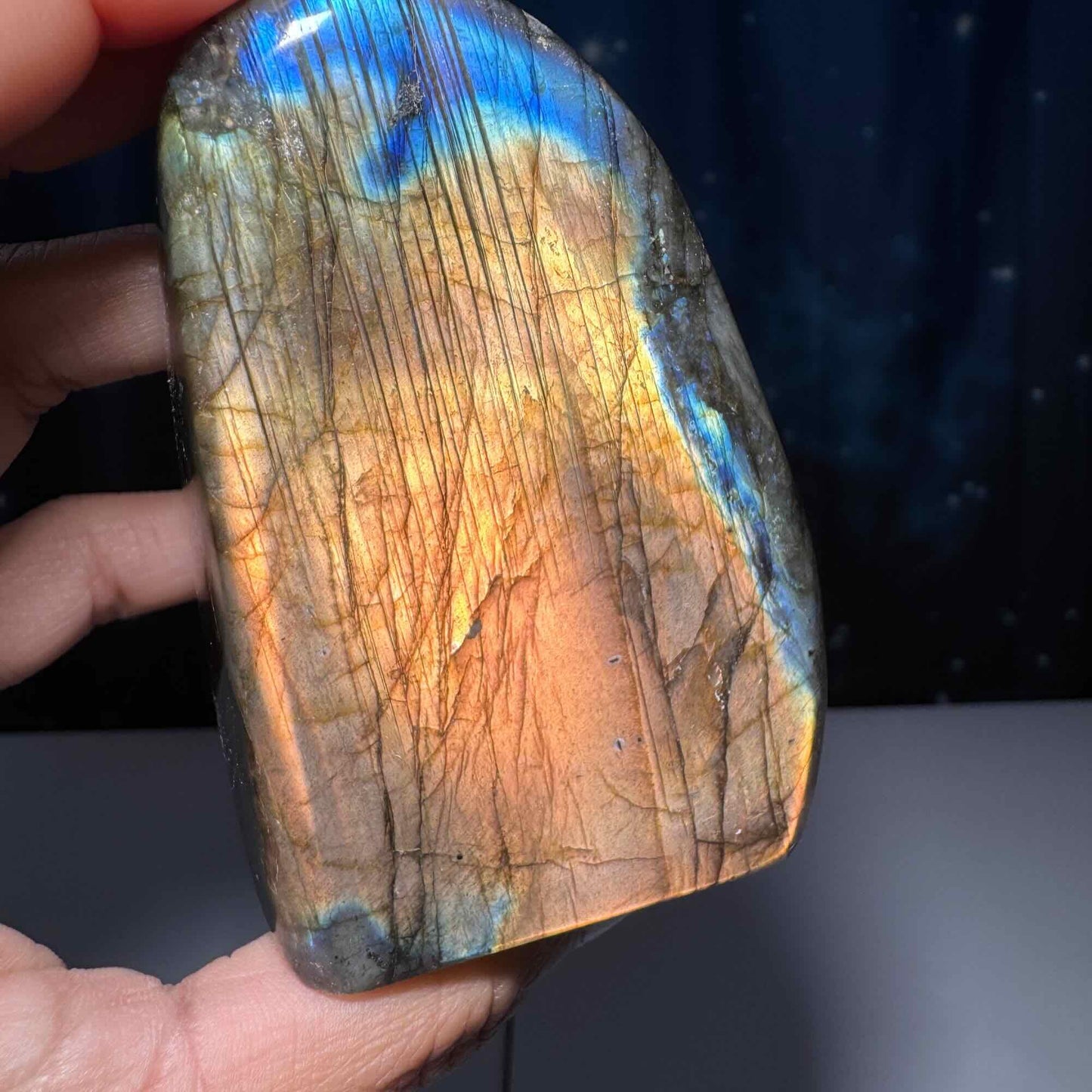 Labradorite free form | 3 1/8" long | 303 grams | dual flash | orange flash | blue flash yellow flash
