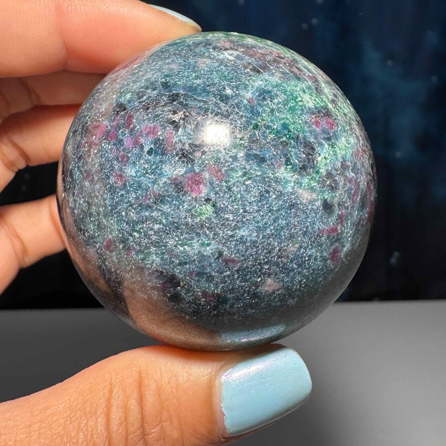 Ruby in Kyanite with Fuchsite sphere | 54mm | 306 grams | UV reactive | stand included