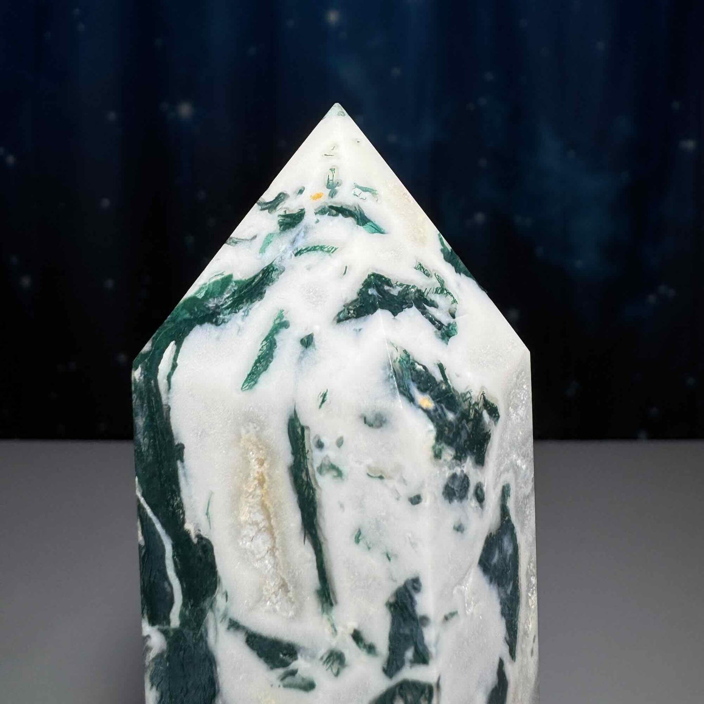 large Moss Agate tower | 6ā tall | 485 grams | with Druze | druzy pockets | milky Moss Agate | Quartz Moss Agate | Damage Discount