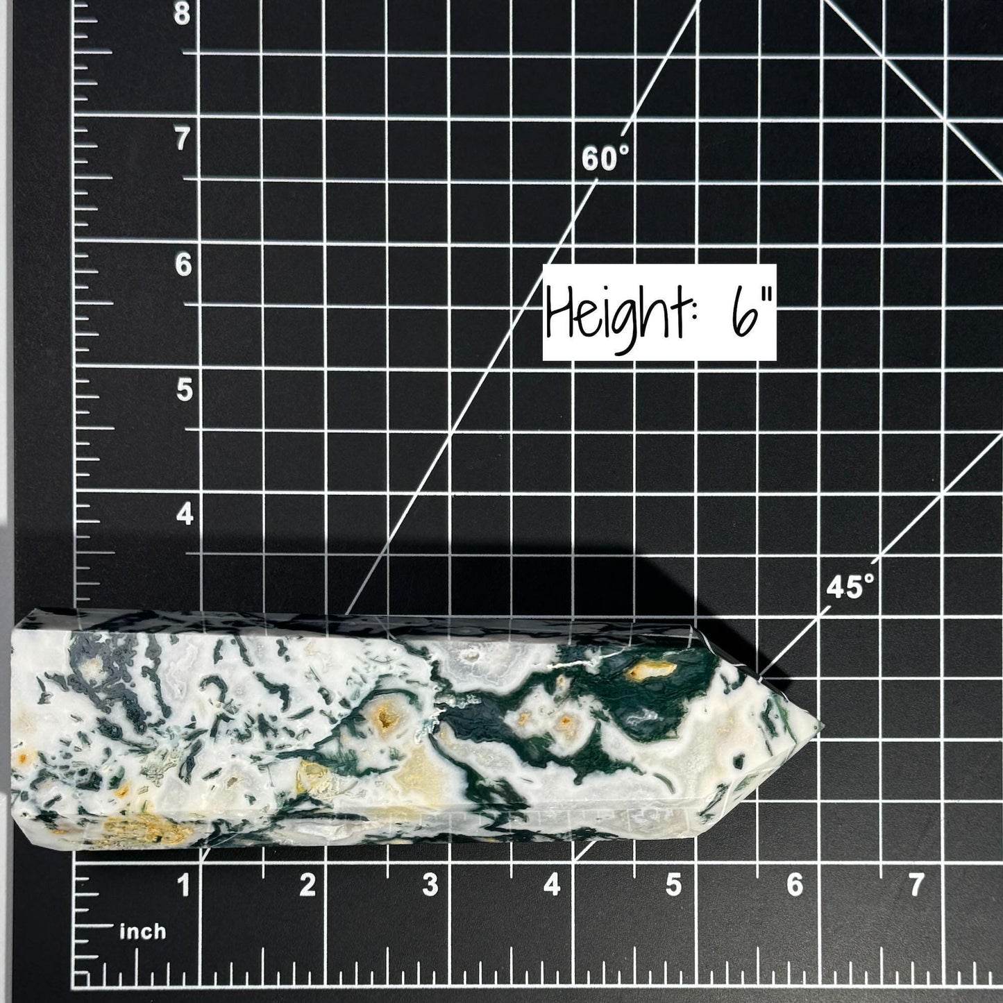 large Moss Agate tower | 6ā tall | 485 grams | with Druze | druzy pockets | milky Moss Agate | Quartz Moss Agate | Damage Discount