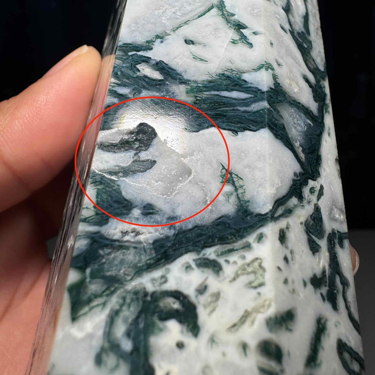large Moss Agate tower | 6ā tall | 485 grams | with Druze | druzy pockets | milky Moss Agate | Quartz Moss Agate | Damage Discount