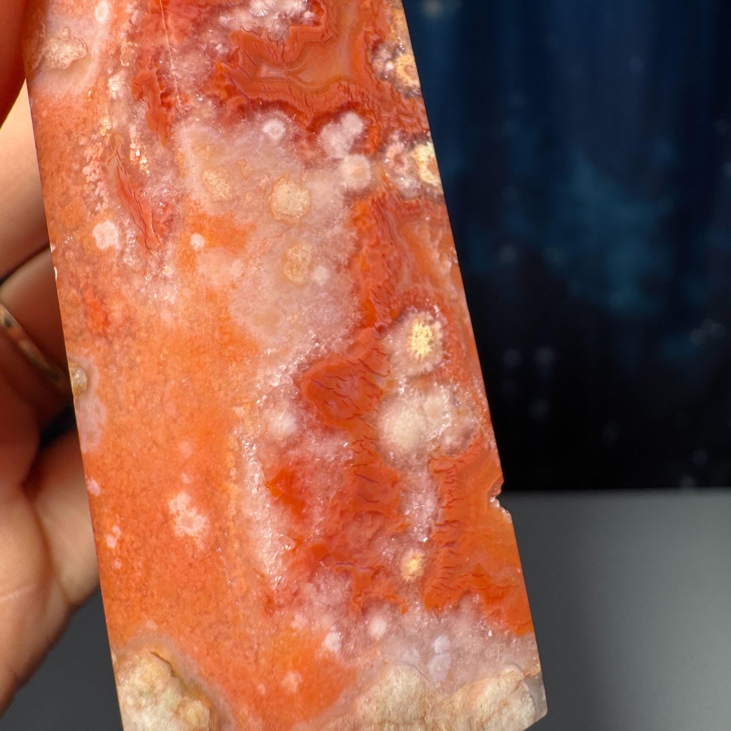 Flower Agate x Carnelian point | 3 1/4â tall | 102 grams | Damage Discount