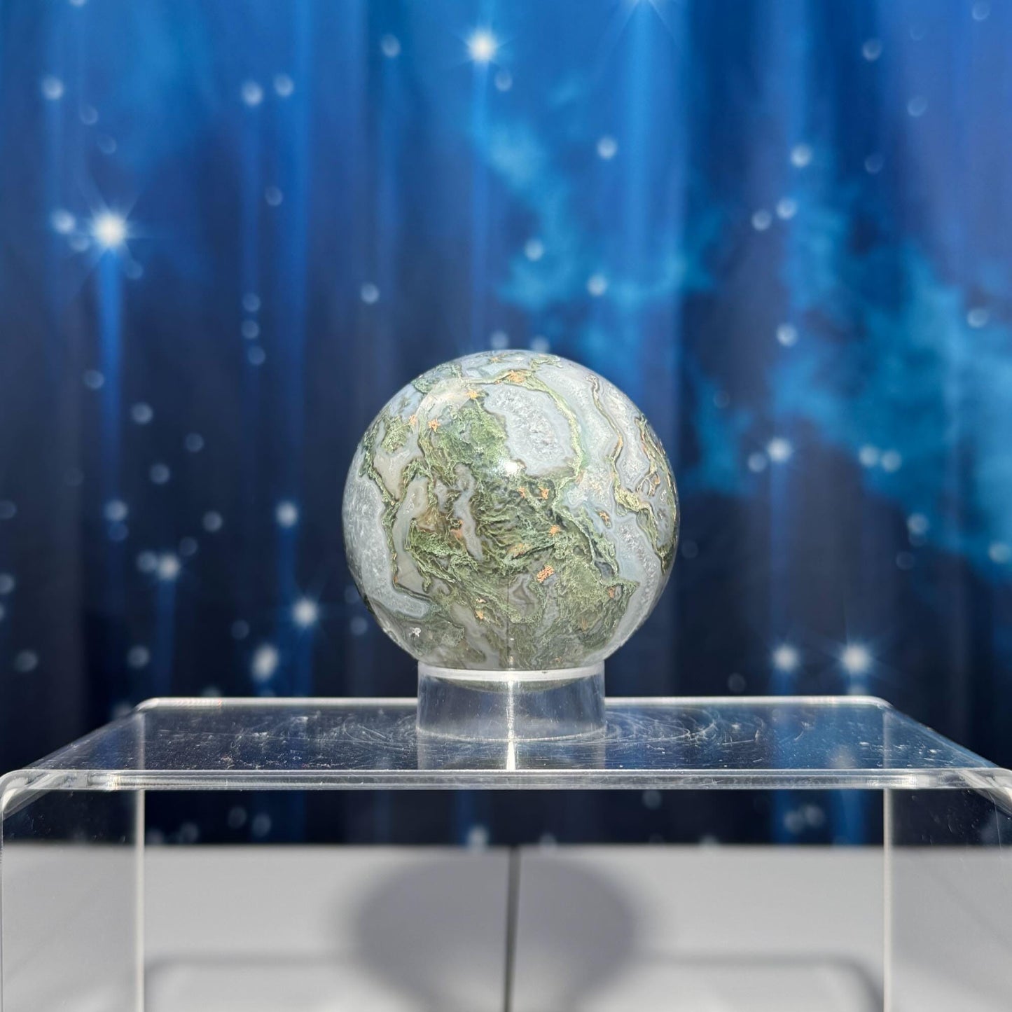 druzy Moss Agate sphere | 58mm | 278 grams | Quartz druzy | stand included