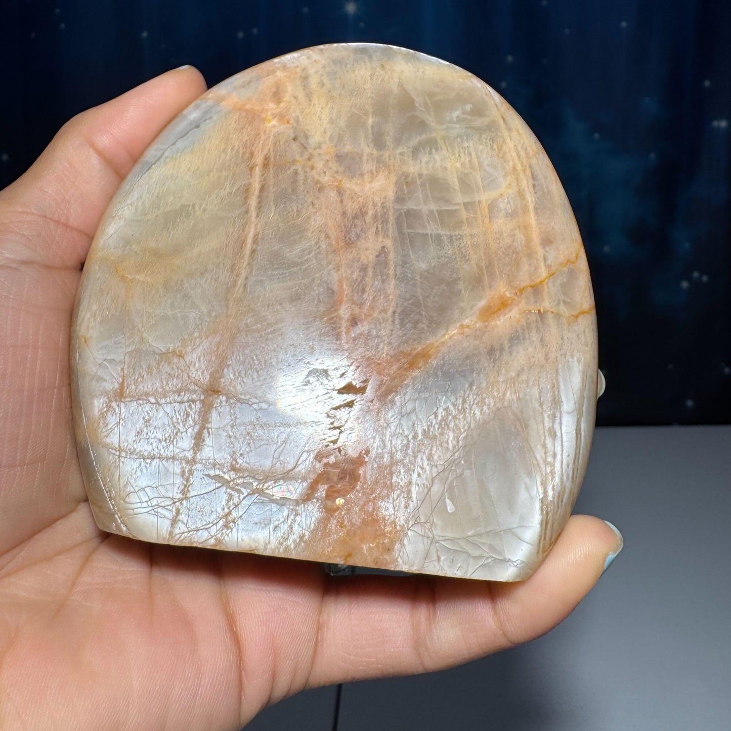 flashy Peach Moonstone free form | 4 1/8" tall | 516 grams | dual flash | Damage Discount