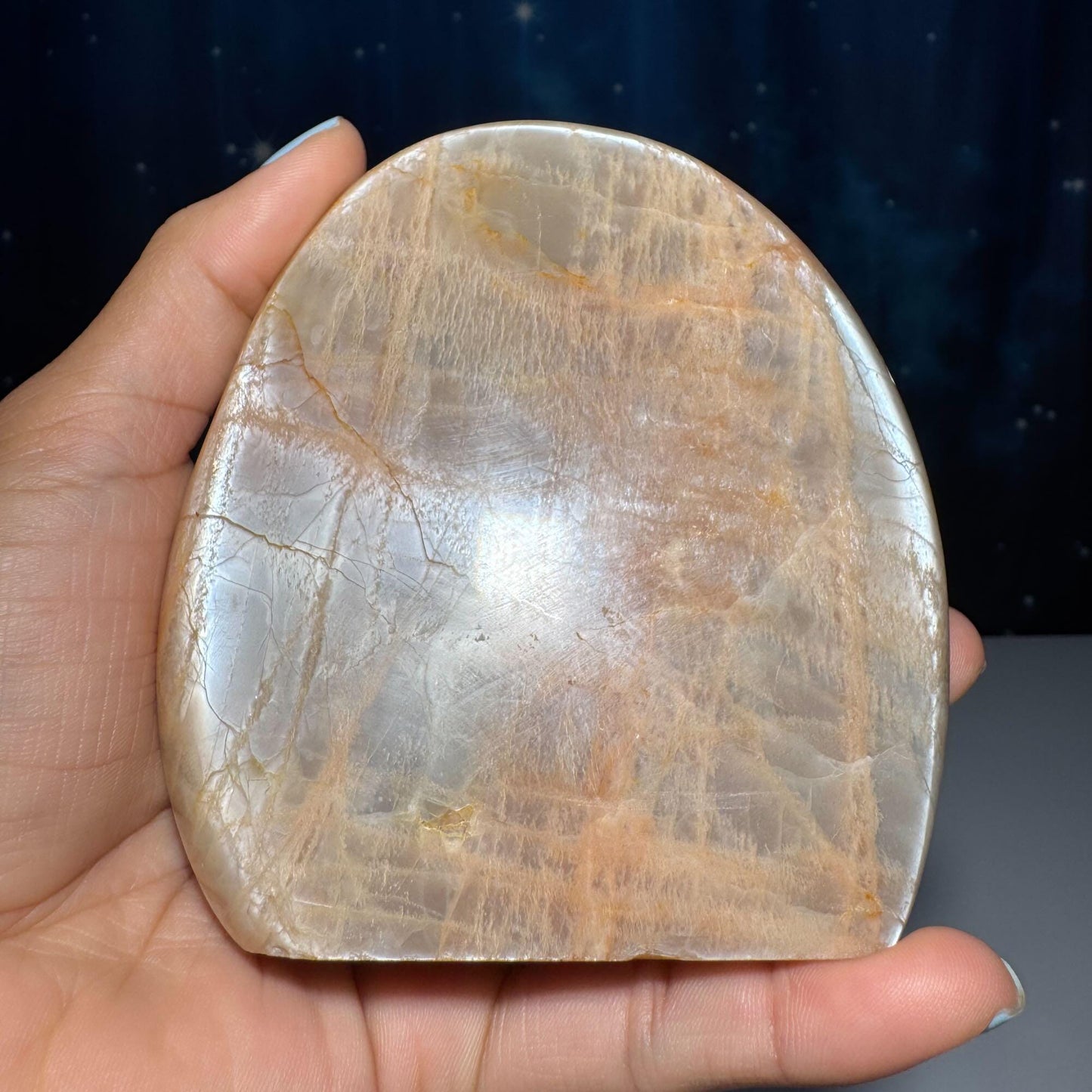 flashy Peach Moonstone free form | 4 1/8" tall | 516 grams | dual flash | Damage Discount