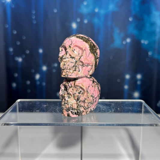 Rhodonite skull stacked | 3” tall | 240 grams | hand carved | Rhodonite double skull | twin skull