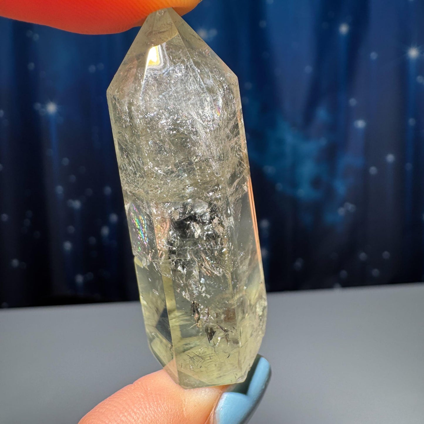 Prasiolite mini point | 2” tall | 22 grams | Damage Discount | with rainbows | heat treated Amethyst