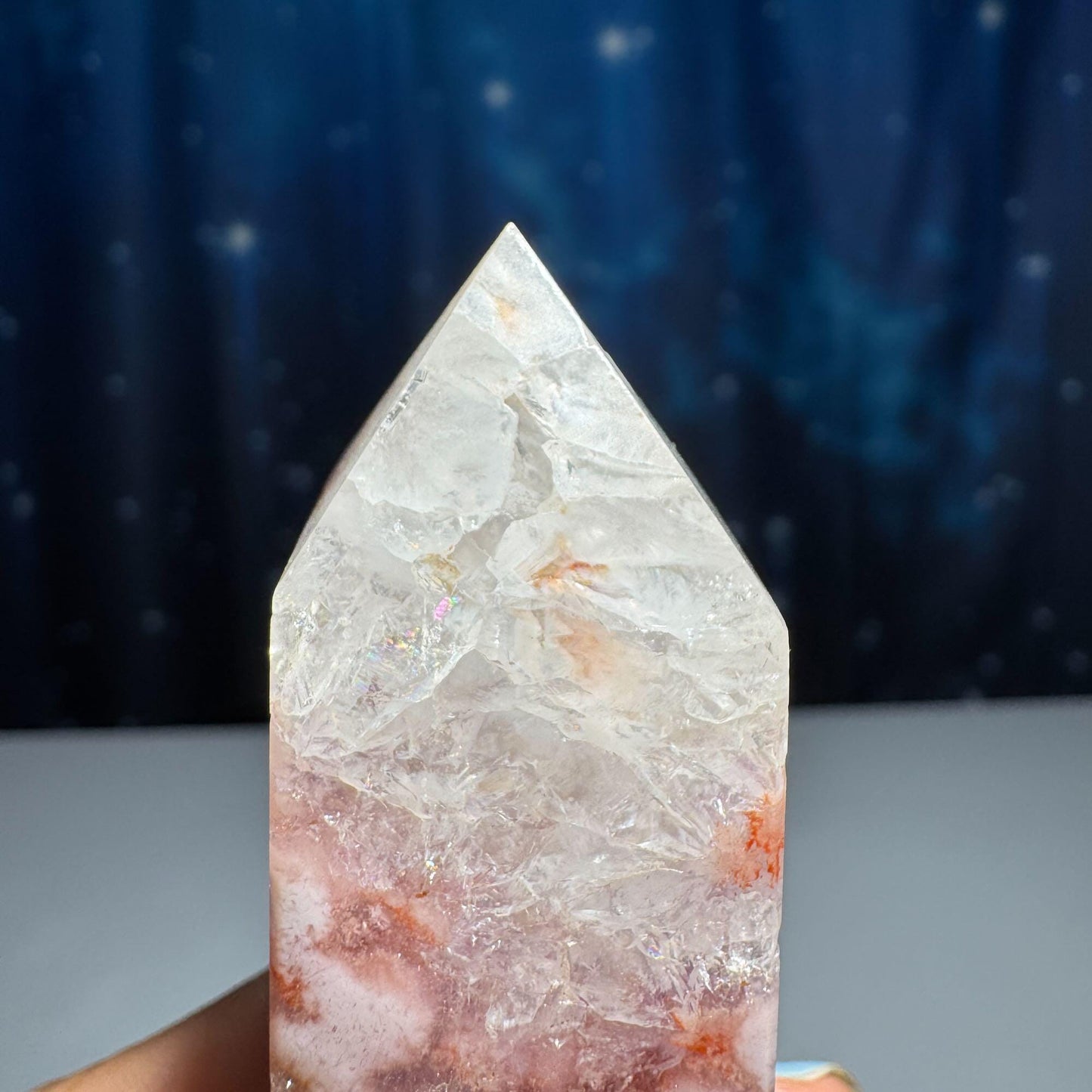 Pink Amethyst with Flower Agate point | 3 5/8" tall | 98 grams | with Quartz | lots of rainbows | obelisk