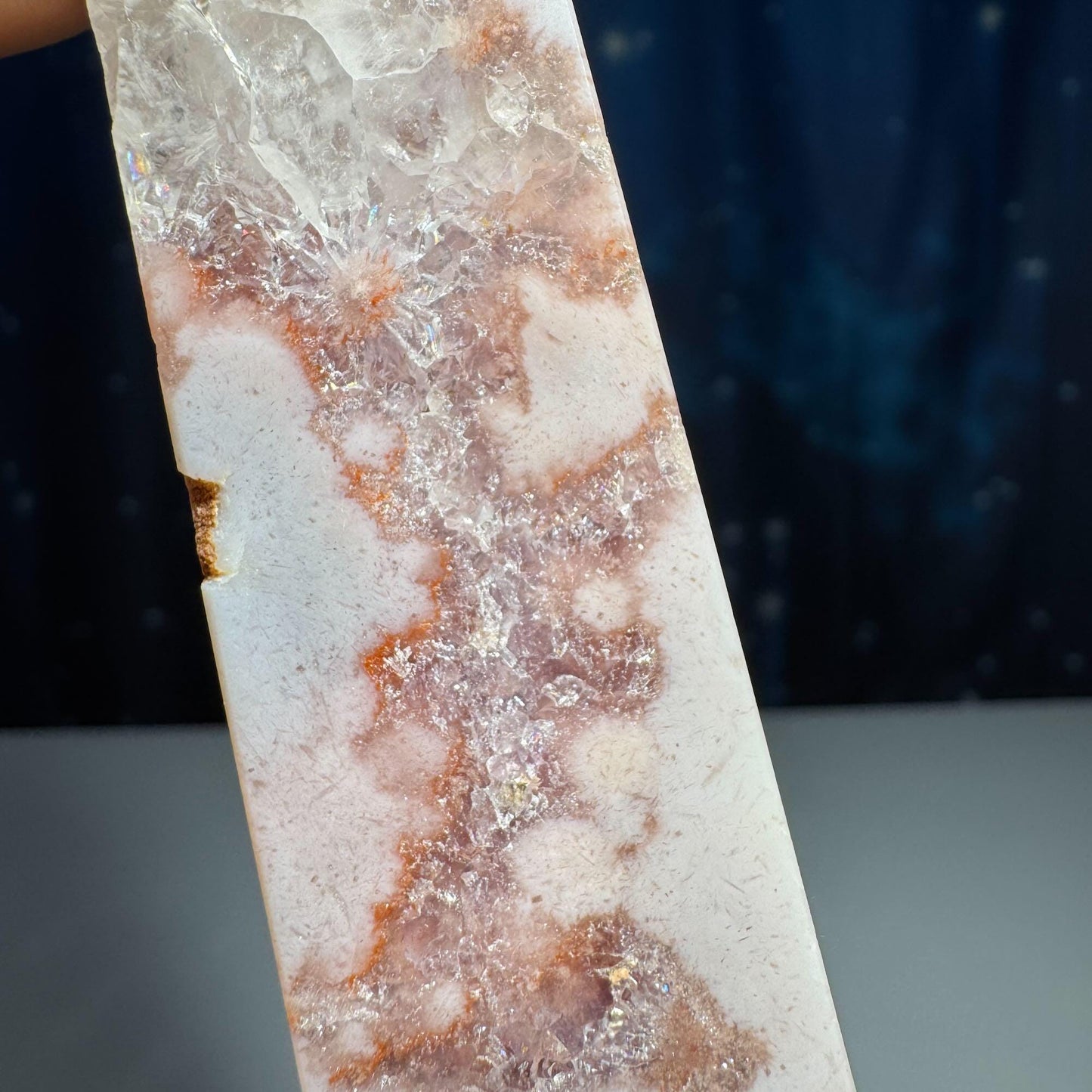 Pink Amethyst with Flower Agate point | 3 5/8" tall | 98 grams | with Quartz | lots of rainbows | obelisk