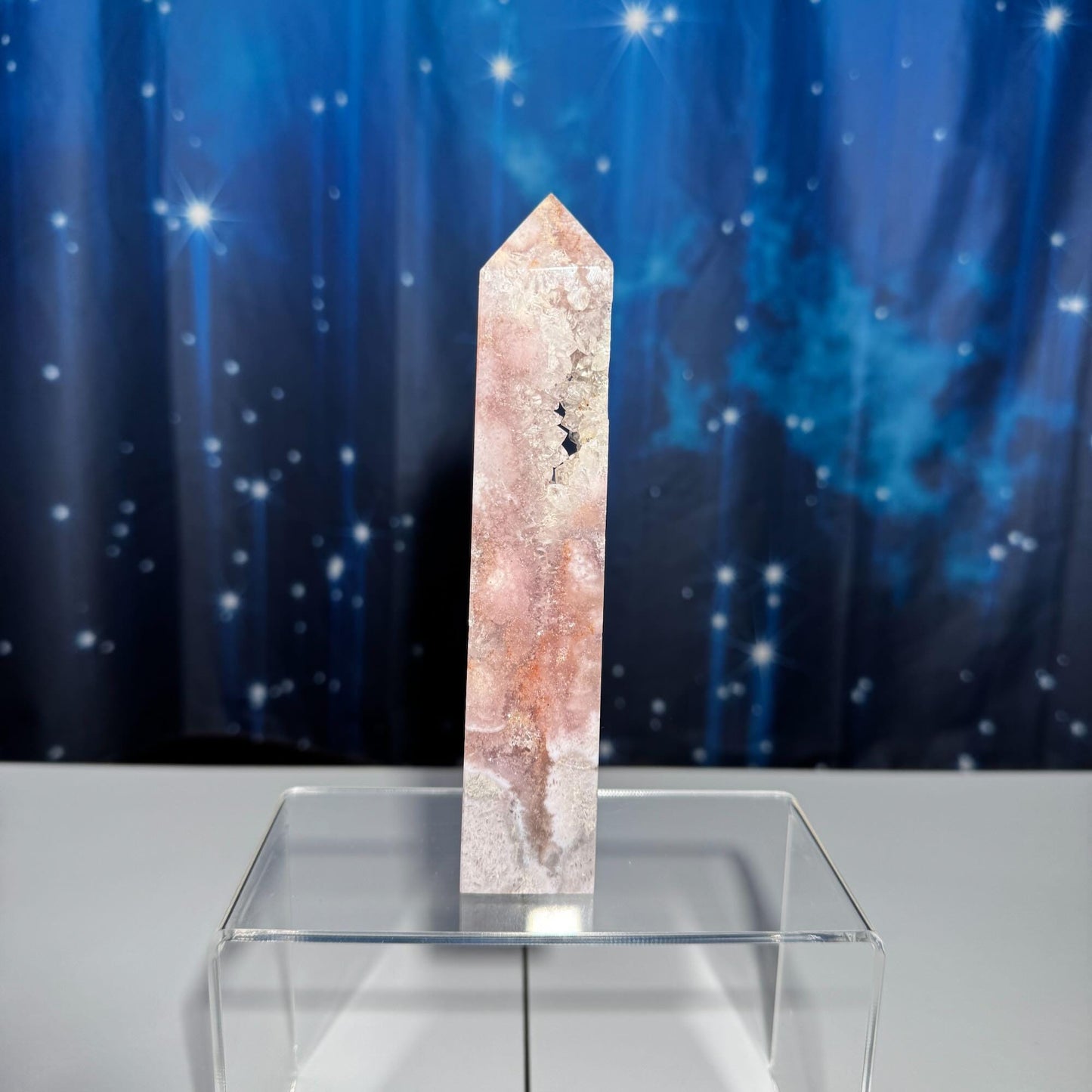 Pink Amethyst with Flower Agate tower | 6 3/8" tall | 329 grams | with Quartz | mini rainbows