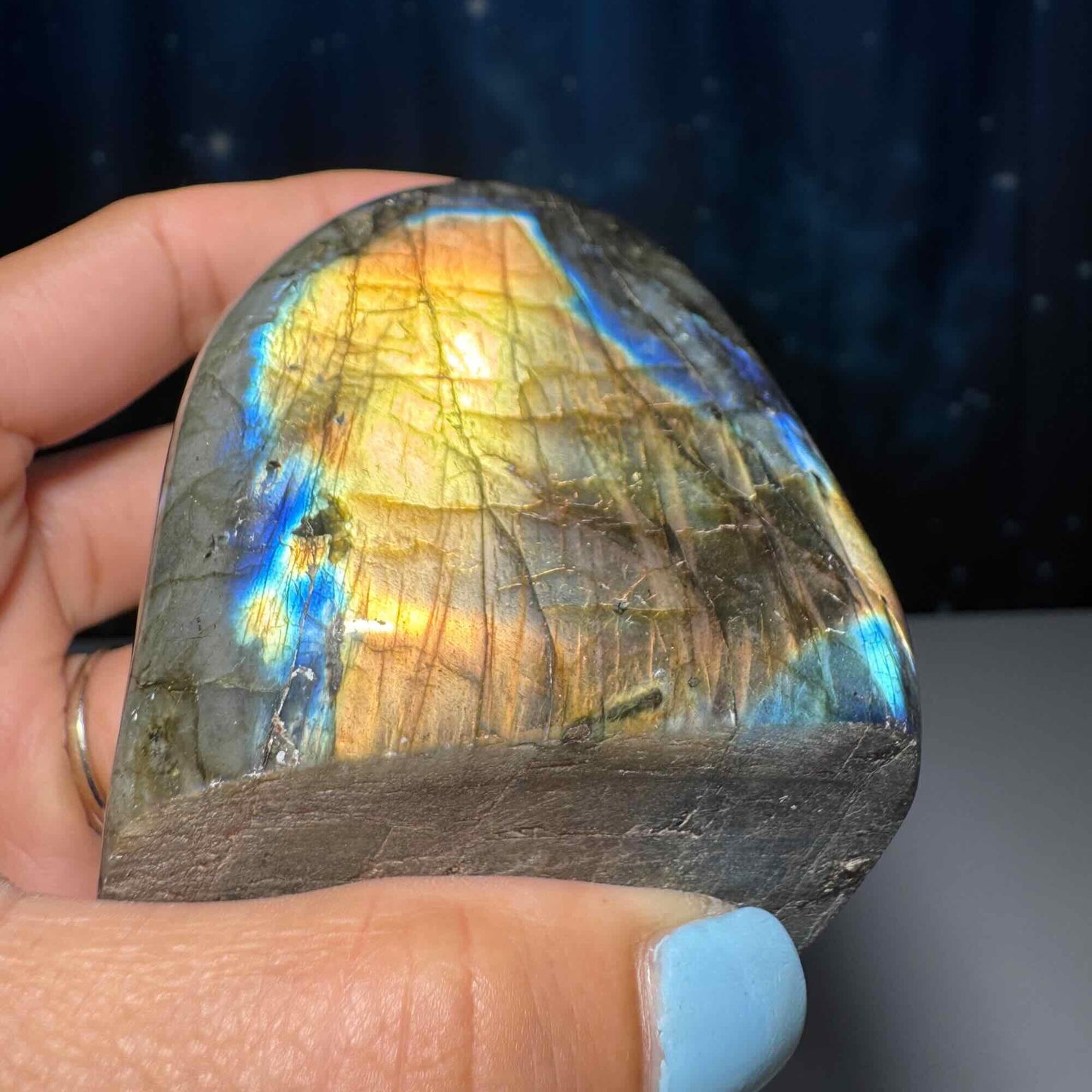 Labradorite free form | 3 1/8" long | 303 grams | dual flash | orange flash | blue flash yellow flash