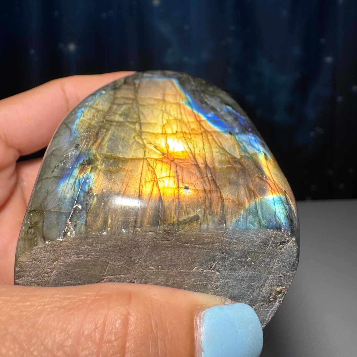 Labradorite free form | 3 1/8" long | 303 grams | dual flash | orange flash | blue flash yellow flash