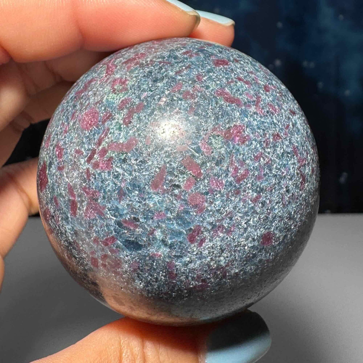 Ruby in Kyanite with Fuchsite sphere | 57mm | 371 grams | UV reactive | stand included