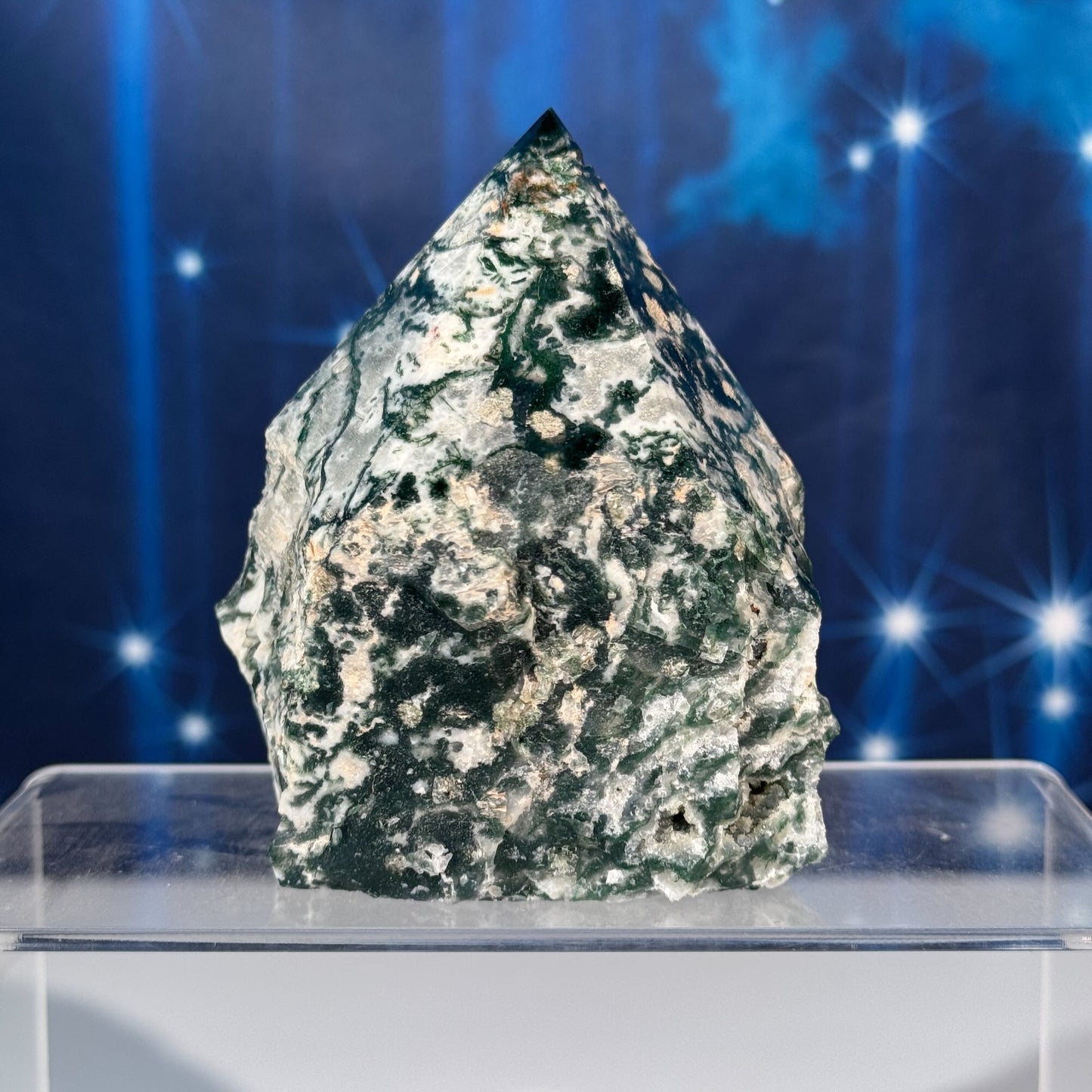 Moss agate top polish - 3" × 2 3/4" × 3 5/8" - 1 lb 1 oz