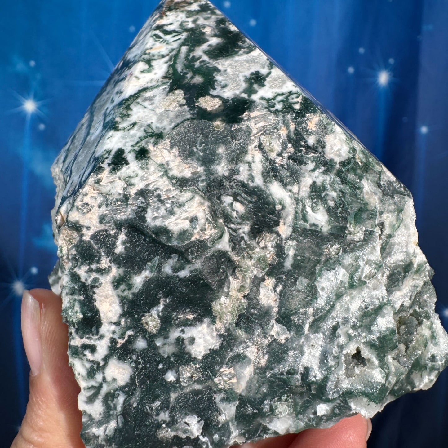 Moss agate top polish - 3" × 2 3/4" × 3 5/8" - 1 lb 1 oz