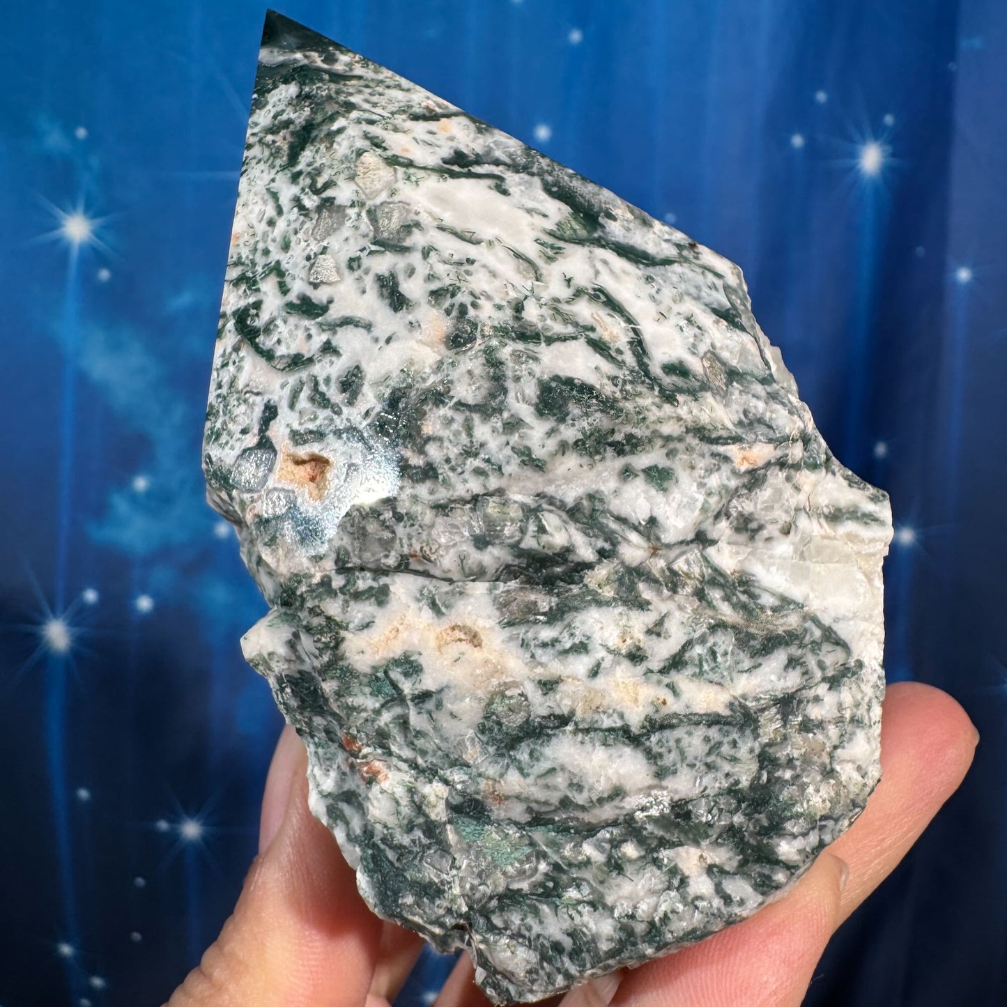 Moss agate top polish - 3" × 2 3/4" × 3 5/8" - 1 lb 1 oz