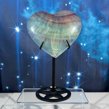 Rainbow fluorite heart with stand - 4 3/8" × 3/4" × 4" - 12.8 oz