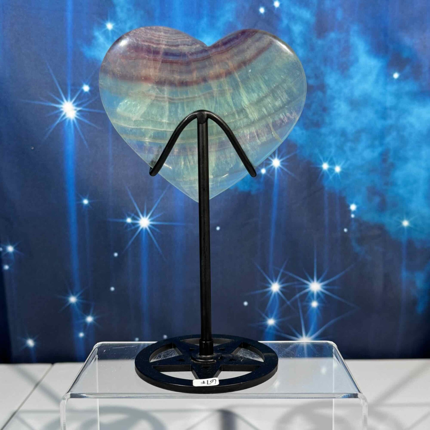 Rainbow fluorite heart with stand - 4 3/8" × 3/4" × 4" - 12.8 oz