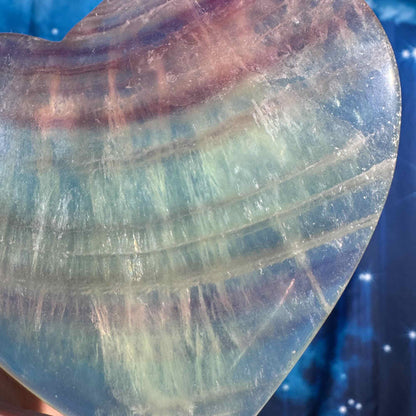 Rainbow fluorite heart with stand - 4 3/8" × 3/4" × 4" - 12.8 oz