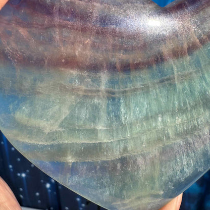 Rainbow fluorite heart with stand - 4 3/8" × 3/4" × 4" - 12.8 oz