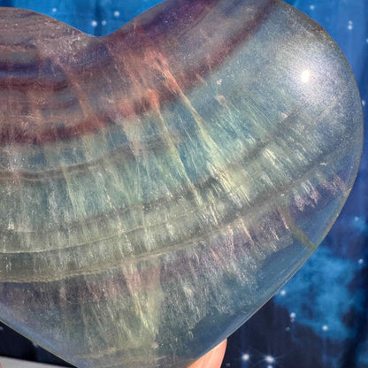 Rainbow fluorite heart with stand - 4 3/8" × 3/4" × 4" - 12.8 oz