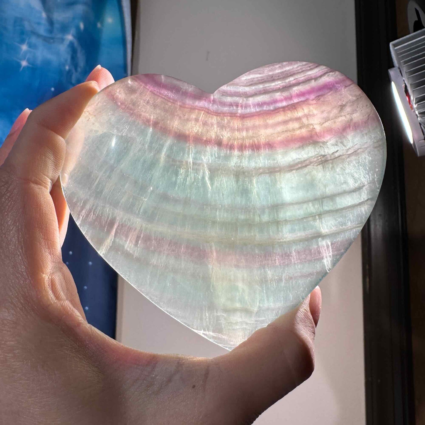 Rainbow fluorite heart with stand - 4 3/8" × 3/4" × 4" - 12.8 oz