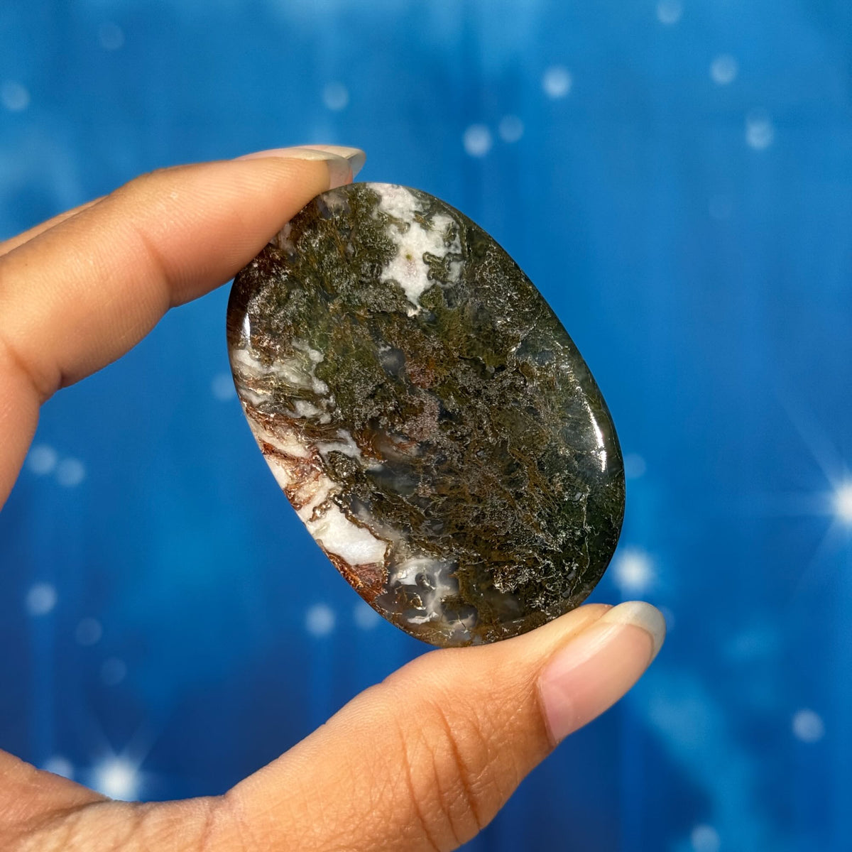 Moss Agate Flat Palmstone – 0.025 kg