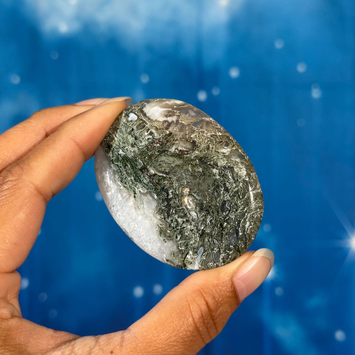 Moss Agate Flat Palmstone – 0.045 kg