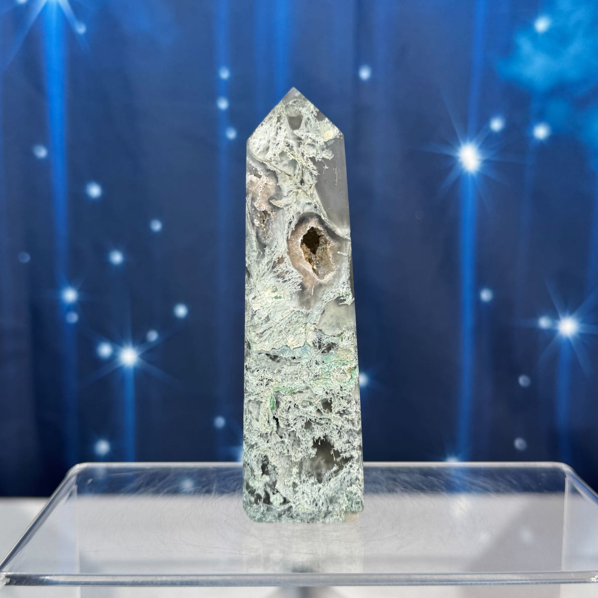 Moss Agate Obelisk – 0.156 kg