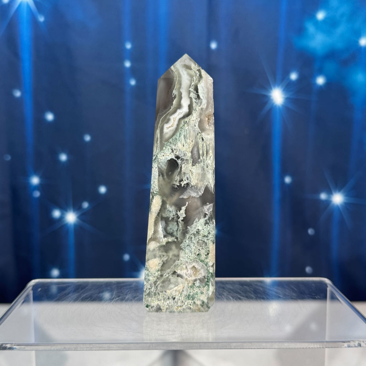Moss Agate Obelisk – 0.156 kg