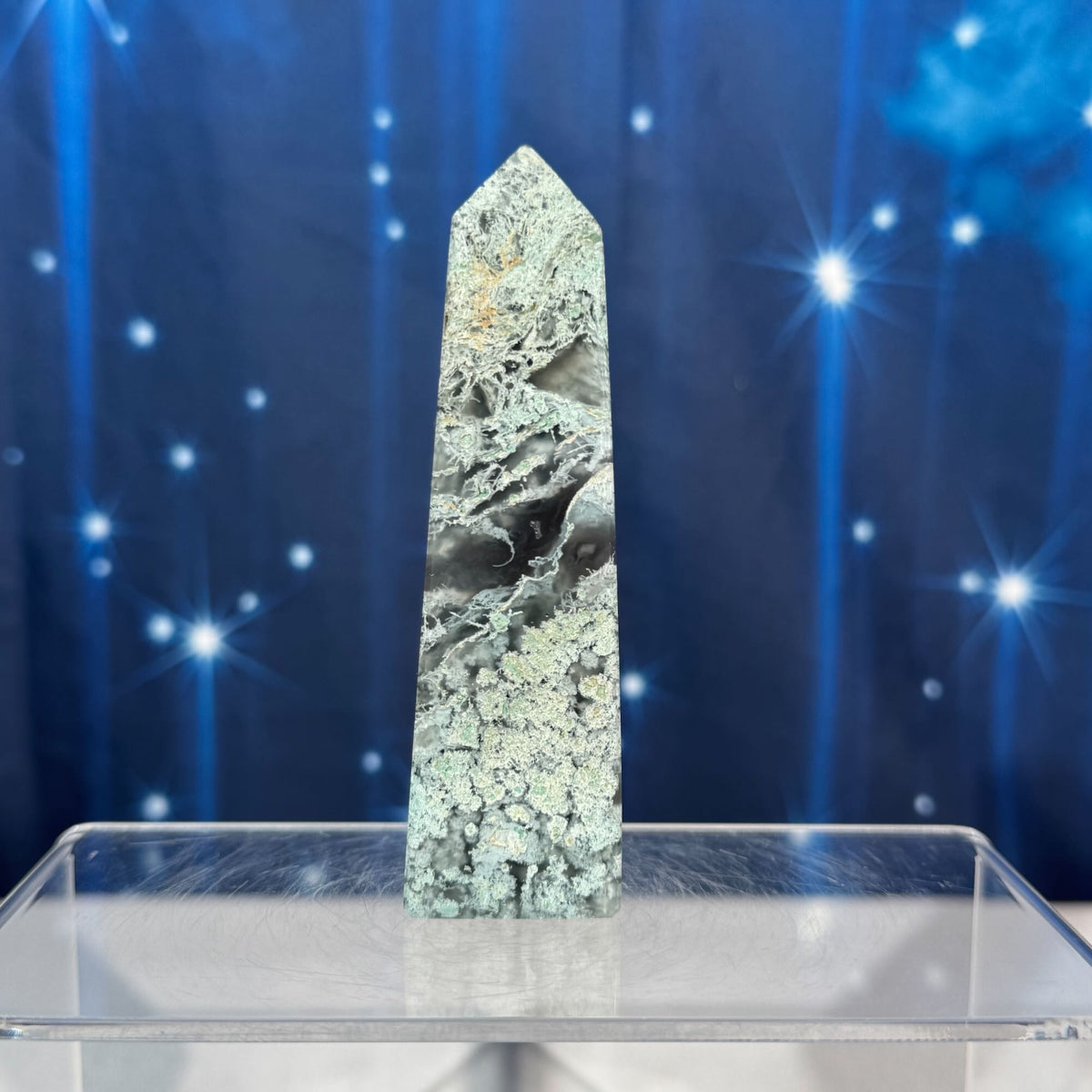 Moss Agate Obelisk – 0.136 kg