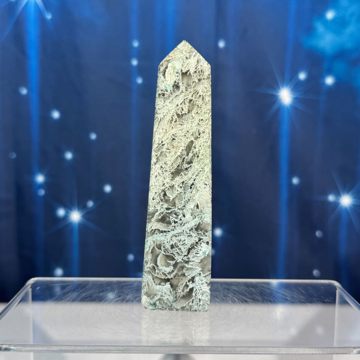 Moss Agate Obelisk – 0.133 kg