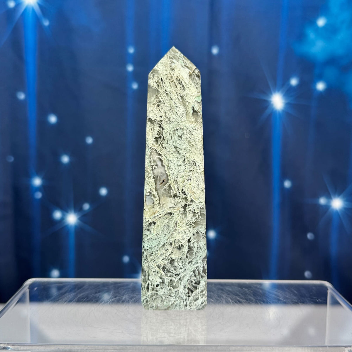 Moss Agate Obelisk – 0.133 kg