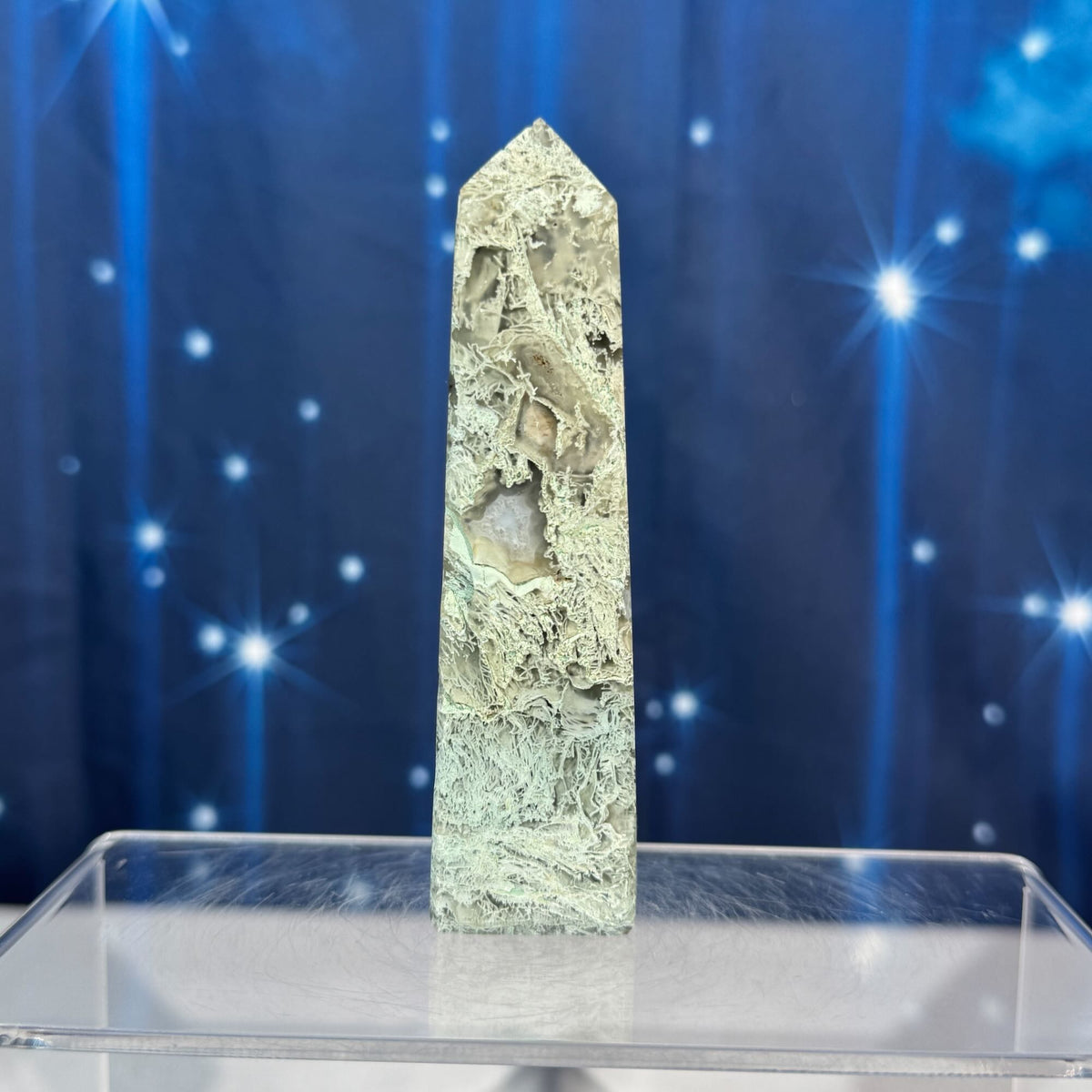 Moss Agate Obelisk – 0.133 kg