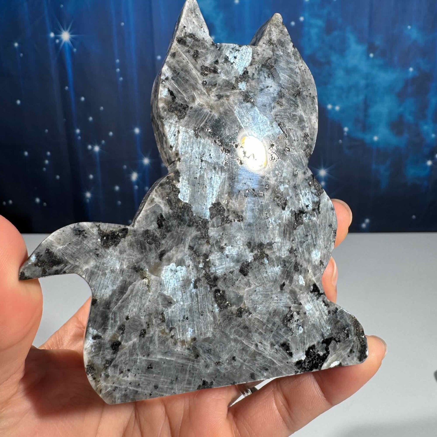 Larvikite cat carving
