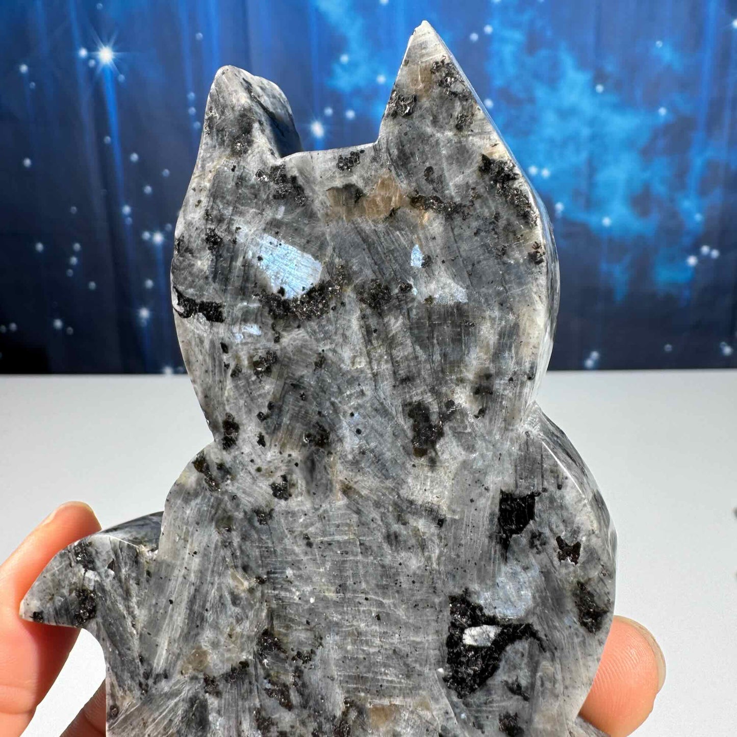 Larvikite cat carving