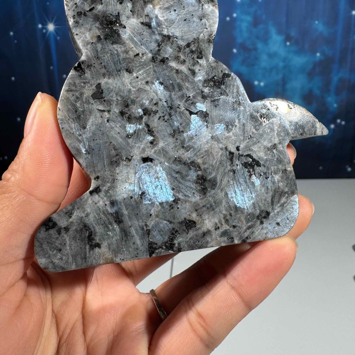 Larvikite cat carving