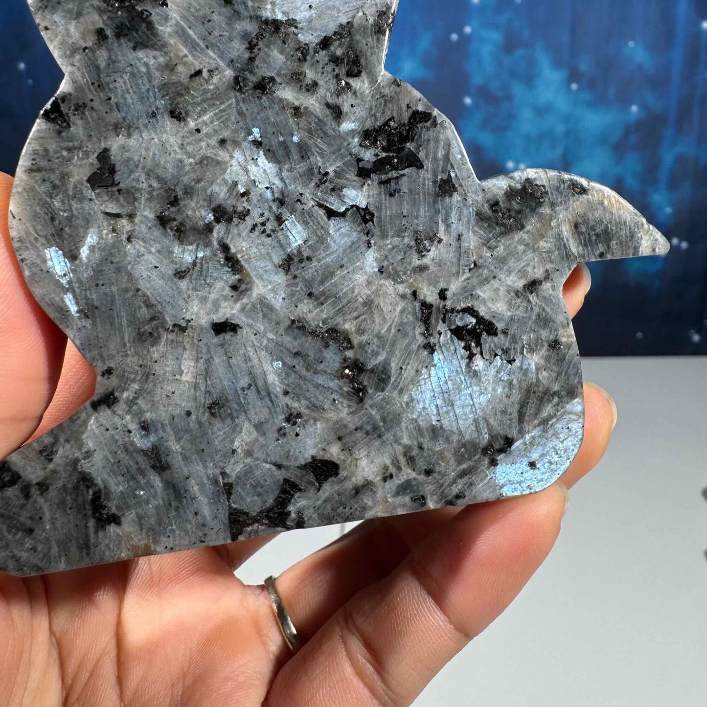 Larvikite cat carving